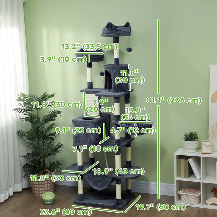 Pawhut Tour A Chat, Arbre A Chat De 81\" Pour Grands Chats Adultes Avec Griffoirs, Planche A Gratter, Lits Pour Chat, Hamacs, Plates-formes De Saut, Balles De Jouet, Gris Fonce