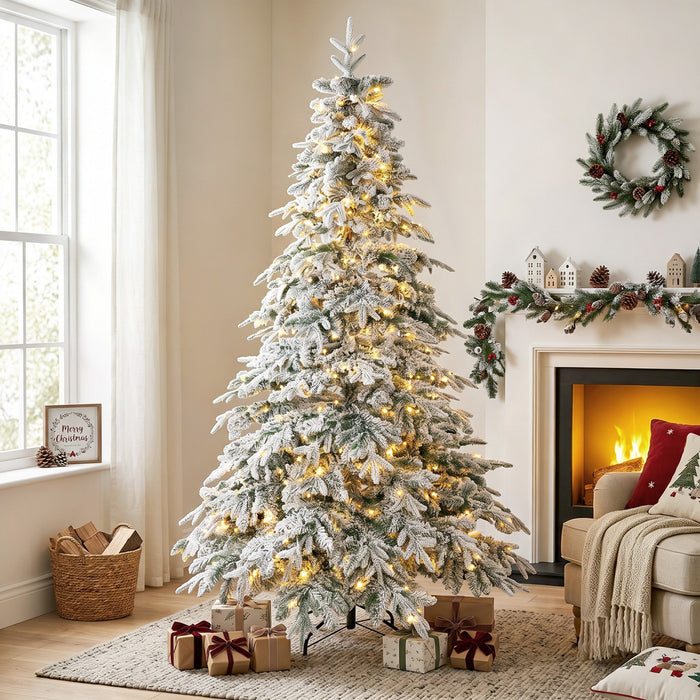 HOMCOM Sapin de Noel enneige lumineux 213 cm, branches tombantes a charnieres