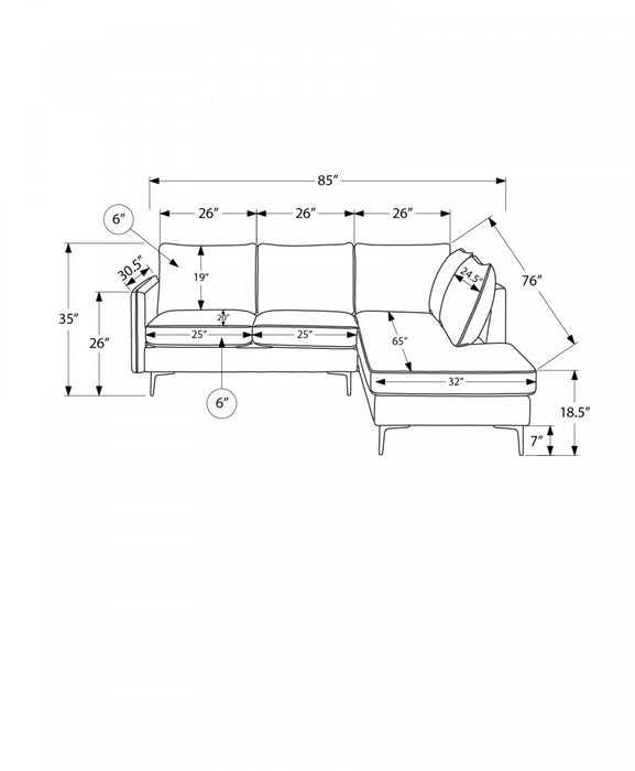 Sofa Sectionnel Rembourre, 85\" De Large, Tissu Gris, Pieds En Metal Noir