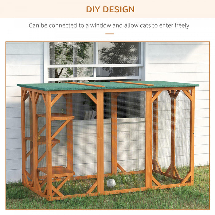 Pawhut Maison D'exterieur En Bois Pour Chat Cage Interieure Avec Toit En Asphalte, Plateformes A Plusieurs Niveaux Et Grande Porte D'entree - 71\"l, Orange