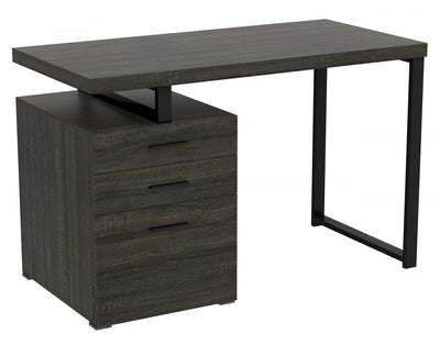 47” Computer Desk With 3 Drawers - Dark Grey Wood With Silver Metal Base | Bureau d’ordinateur de 47 po avec 3 tiroirs - bois gris foncé avec base en métal argenté