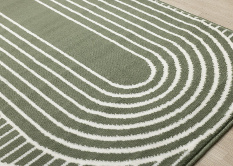 Tapis Florence vert et blanc a motifs geometriques modernes en arches, 6'7\" x 9'6\"