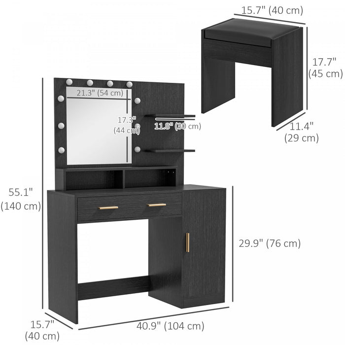 HOMCOM Ensemble de coiffeuse, table de maquillage avec tabouret, miroir LED