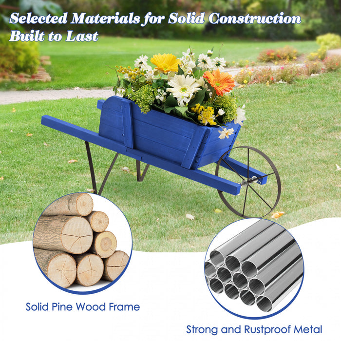 Costway En Bois Wagon Planter Decoratif Interieur/exterieur Rustique Fleur Chariot Avec Roue Bleu