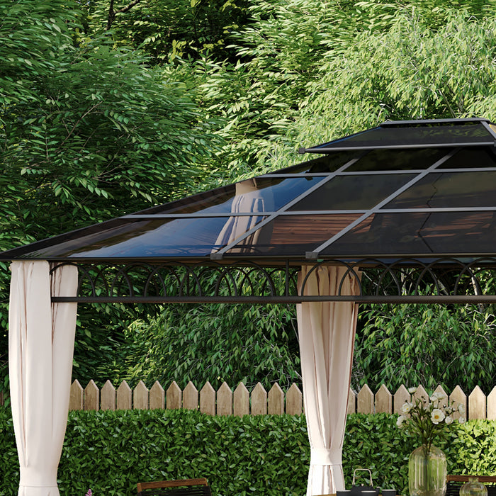Outsunny Gazebo A Toit Rigide A Double Toit 10' X 12' Avec Rideaux, Kaki