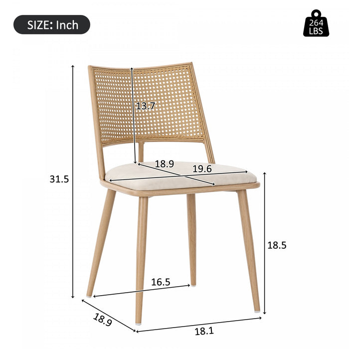 Chaises de salle a manger modernes Oliver avec assise rembourree en PU et dossier en rotin PE, lot de 2, beige