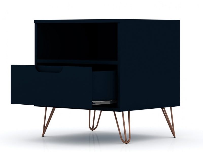 Table de nuit Rockefeller Mid-Century Modern 20\" en bleu minuit (1 tiroir) - Lot de 2