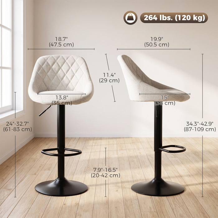 HOMCOM Lot de 3 tabourets de bar reglables en tissu aspect lin, blanc casse