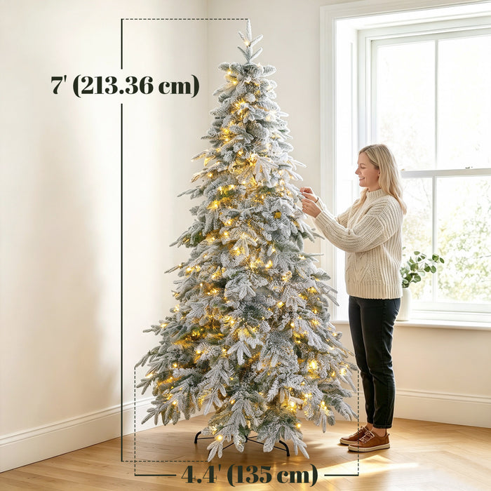 HOMCOM Sapin de Noel enneige lumineux 213 cm, branches tombantes a charnieres