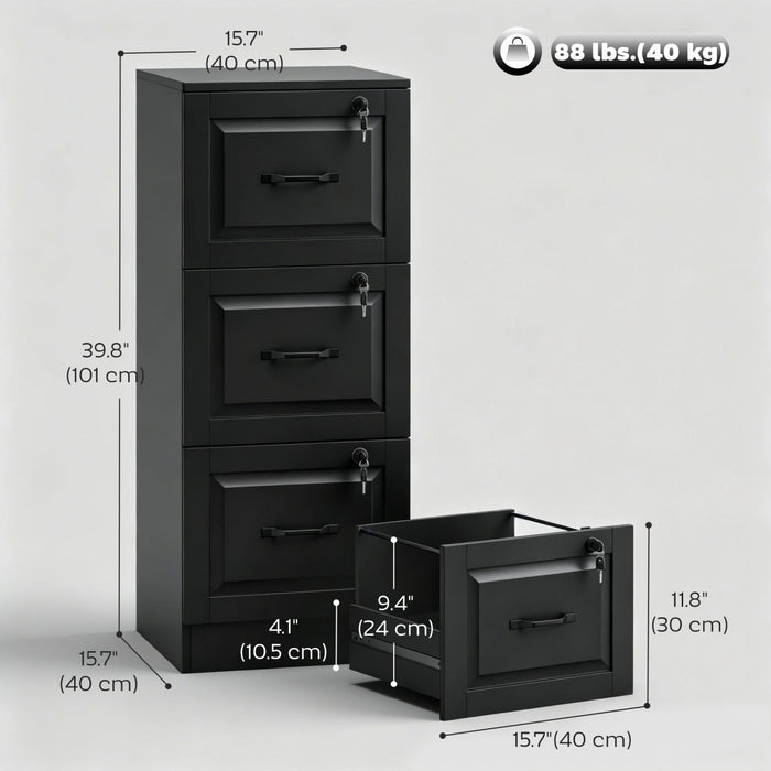 HOMCOM Meuble de Classement 3 Tiroirs avec Serrures, Classeur Vertical, Noir