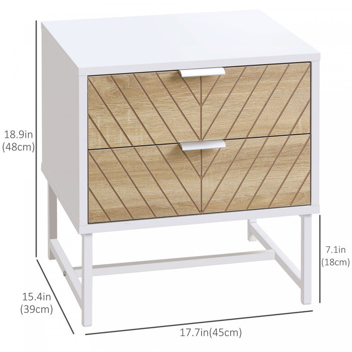 HOMCOM Table de nuit 2 tiroirs et cadre en acier, table d'appoint, blanc