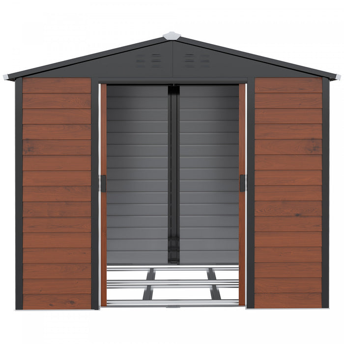Outsunny Abri De Rangement Exterieur 8'x7' En Acier Galvanise Avec Double Porte Coulissante Verrouillable, Cadre De Sol, Aerations, Abri De Jardin Etanche Pour Jardin, Pelouse, Patio, Teck