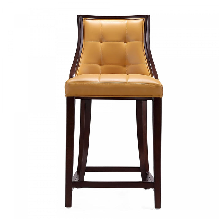Tabouret de comptoir traditionnel en bois avec assise rembourree Fifth Avenue, coloris camel - Lot de 2