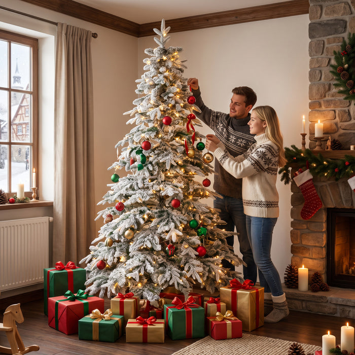 HOMCOM Sapin de Noel enneige lumineux 213 cm, branches tombantes a charnieres