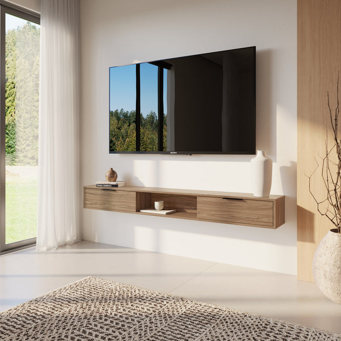 Meuble pour téléviseur mural mince Nordika de 72 po avec 2 armoires de rangement - noyer clair