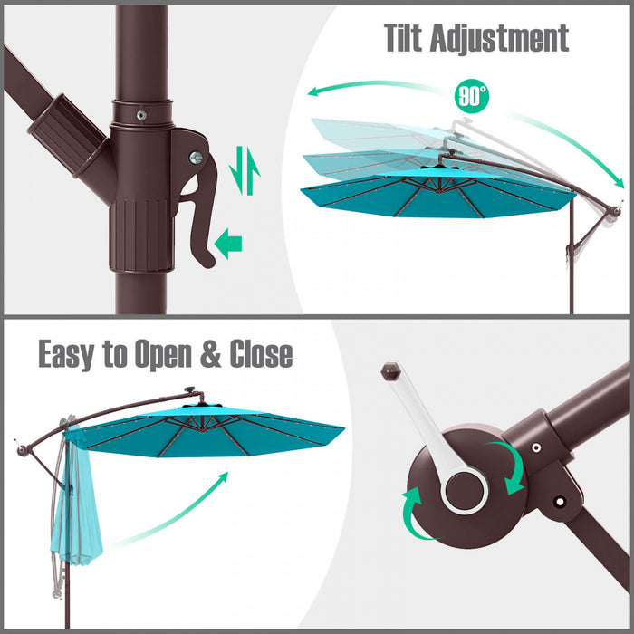 Parasol deporte suspendu Costway 10 pieds avec 32 LED, sac de sable, base croisee exterieure turquoise