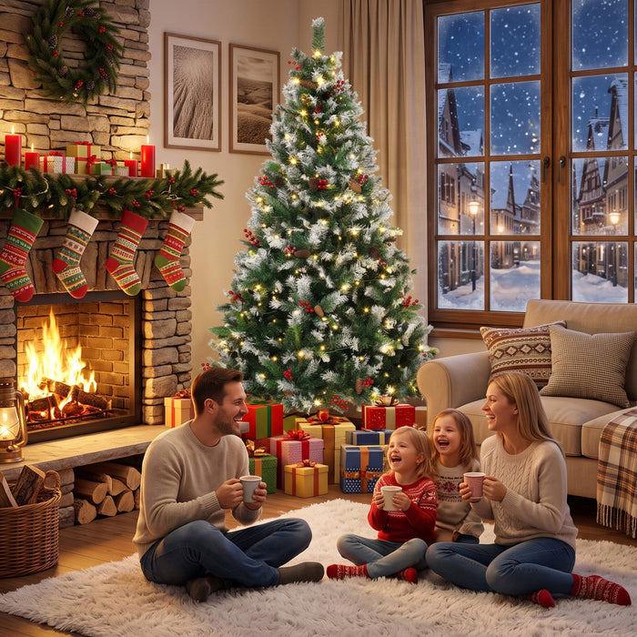 HOMCOM Sapin de Noel enneige pre-eclaire 1,82 m, LED bicolores, telecommande