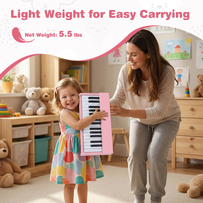 Costway Clavier de Piano pour Enfants 30 Touches avec Pupitre Amovible et Fonction Demarrage a Une Touche - Rose