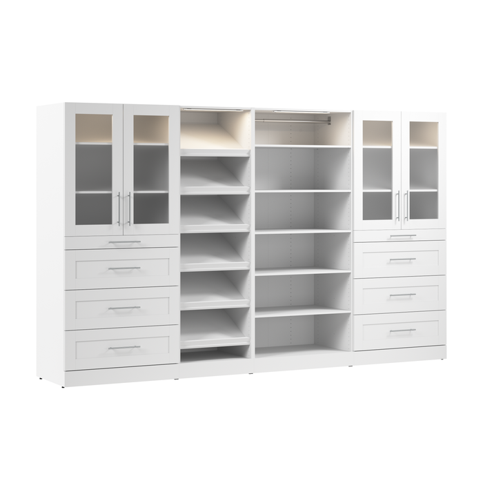Système de pièce-penderie modulaire Florence de Bestar de 132 po avec éclairages à DEL, tiroirs, portes et tablettes pour chaussures de style Shaker - blanc