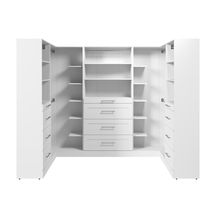 Système de pièce-penderie en forme de U modulaire Florence de Bestar de 105 po avec tringles, tablettes et tiroirs de style Shaker - blanc