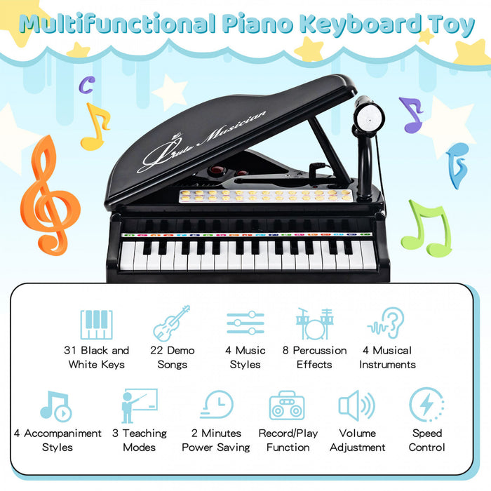 Costway Jouet Clavier de Piano pour Enfants 31 Touches, Instrument de Musique pour Bout de Chou avec Tabouret et Microphone - Noir