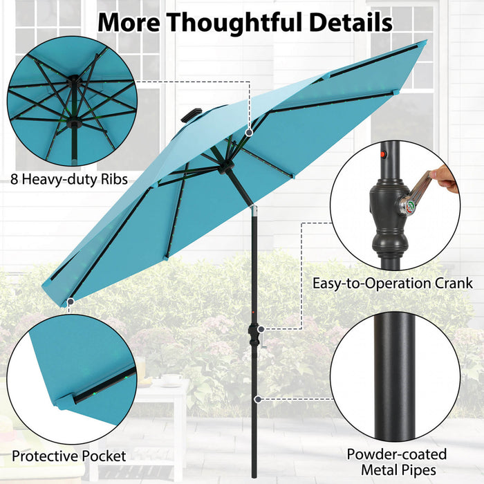 Parasol solaire Costway 10 FT avec 96 LED, inclinaison reglable a 35°, haut ventile, turquoise
