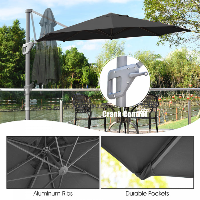 Costway Parasol deporte 11ft pour terrasse a rotation cantilever, aluminium, inclinable, base croisee, gris