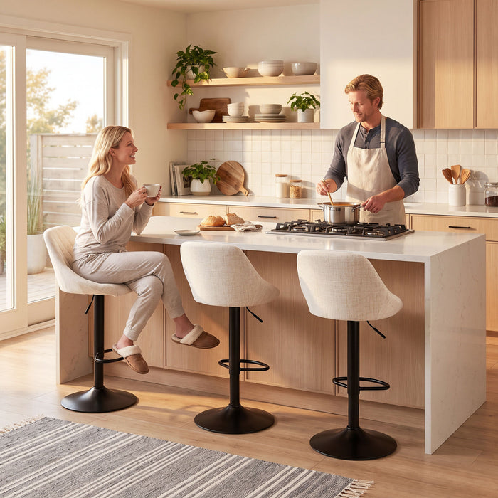 HOMCOM Lot de 3 tabourets de bar reglables en tissu aspect lin, blanc casse