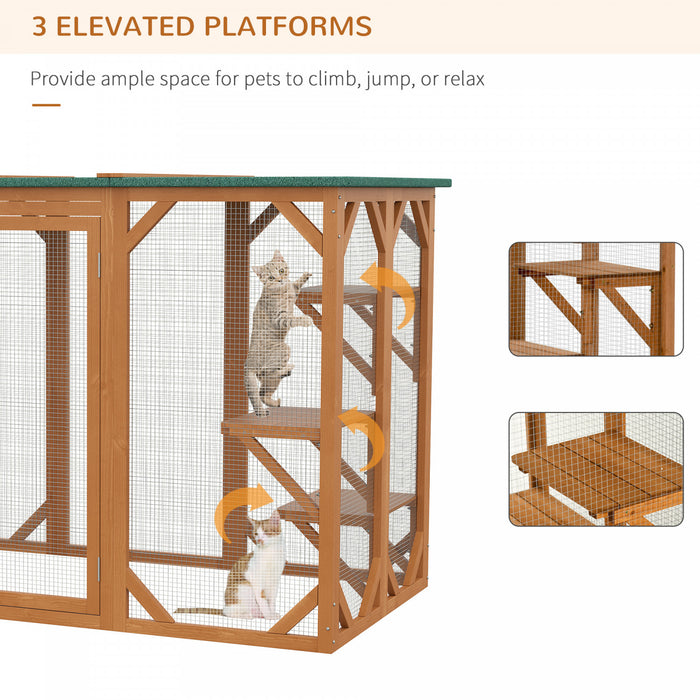 Pawhut Maison D'exterieur En Bois Pour Chat Cage Interieure Avec Toit En Asphalte, Plateformes A Plusieurs Niveaux Et Grande Porte D'entree - 71\"l, Orange
