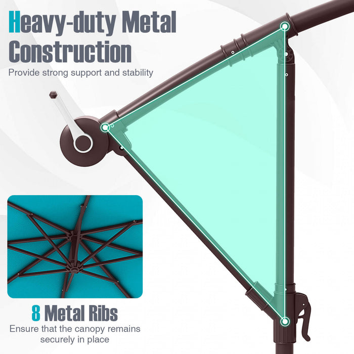 Parasol deporte suspendu Costway 10 pieds avec 32 LED, sac de sable, base croisee exterieure turquoise