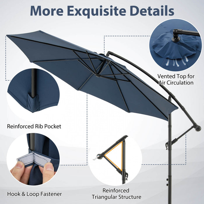 Costway Parasol suspendu 10' pour patio, ombre solaire decalee avec base Croix exterieur Marche Bleu