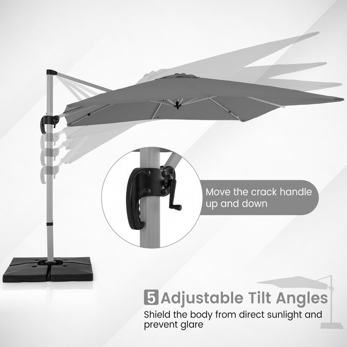Costway Parasol d'exterieur a bras articule 10 pieds en aluminium suspendu deporte, avec rotation a 360° Gris