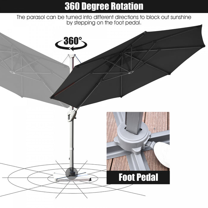 Costway Parasol deporte 11ft pour terrasse a rotation cantilever, aluminium, inclinable, base croisee, gris