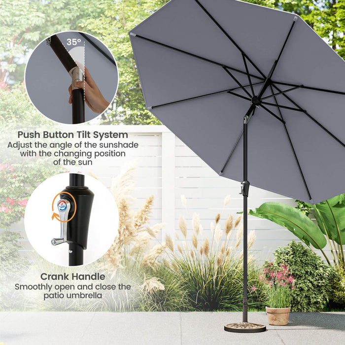 Costway Parasol de patio avec inclinaison a bouton-poussoir, manivelle, 8 nervures solides pour patio, jardin Gris