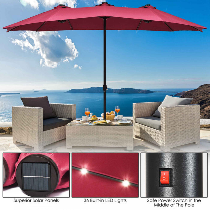 Costway Parasol de marche double-face solaire LED 15Ft Patio avec manivelle Bourgogne