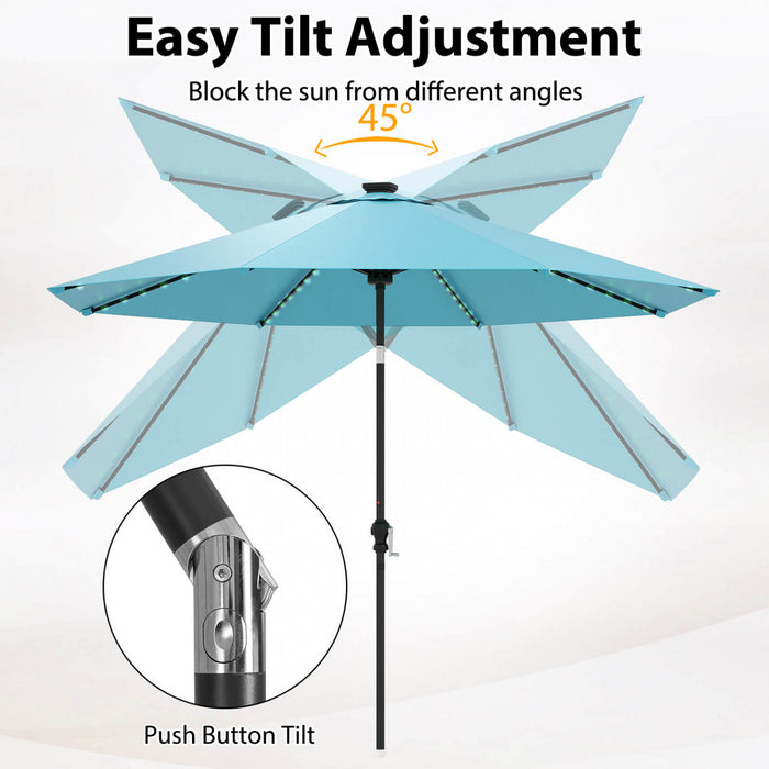 Parasol solaire Costway 10 FT avec 96 LED, inclinaison reglable a 35°, haut ventile, turquoise