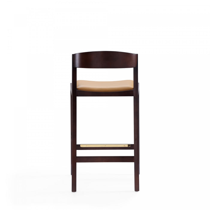 Tabouret de comptoir en bois rembourre style Klismos mi-siecle moderne couleur camel - Lot de 2