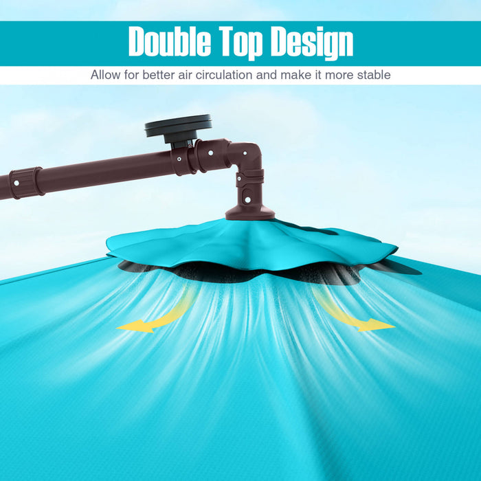 Parasol deporte suspendu Costway 10 pieds avec 32 LED, sac de sable, base croisee exterieure turquoise
