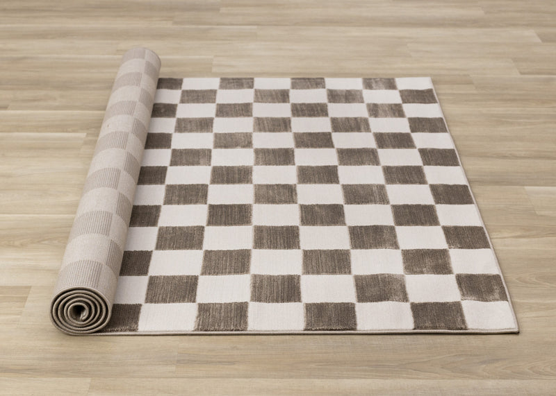 Carpette géométrique Leopold brune et blanche à motif de carreaux - 7 pi 10 po x 10 pi 6 po