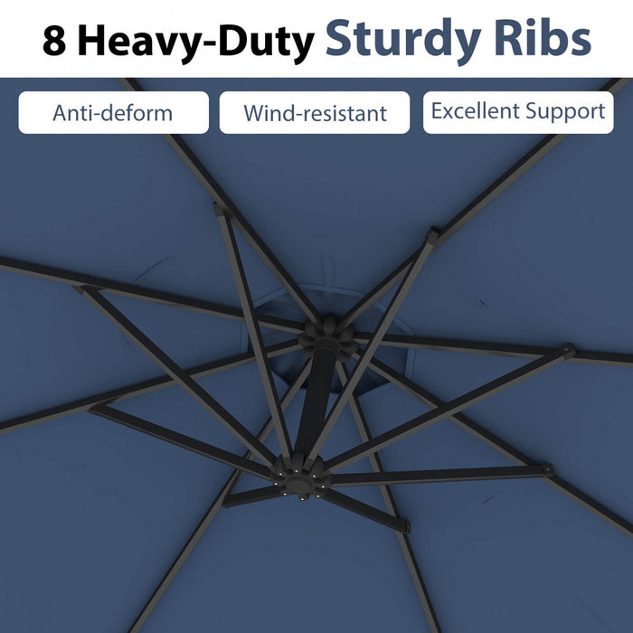 Costway Parasol suspendu 10' pour patio, ombre solaire decalee avec base Croix exterieur Marche Bleu