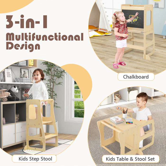Costway 3-en-1 Cuisine Pliable Tour Debout Pour Tout-petits Avec Tableau A Crais Table De Sevrage Naturelle