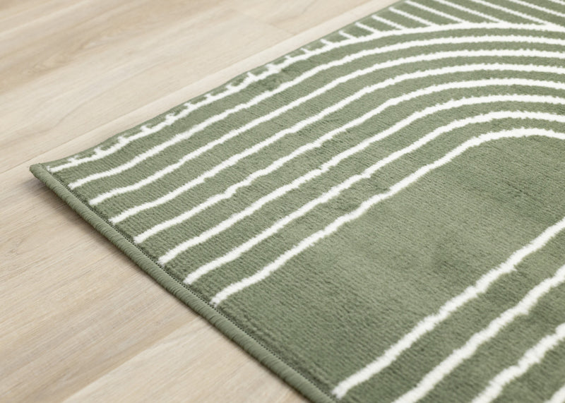 Tapis Florence vert et blanc a motifs geometriques modernes en arches, 6'7\" x 9'6\"
