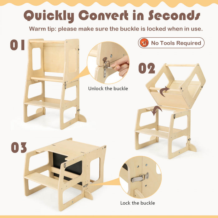 Costway 3-en-1 Cuisine Pliable Tour Debout Pour Tout-petits Avec Tableau A Crais Table De Sevrage Naturelle