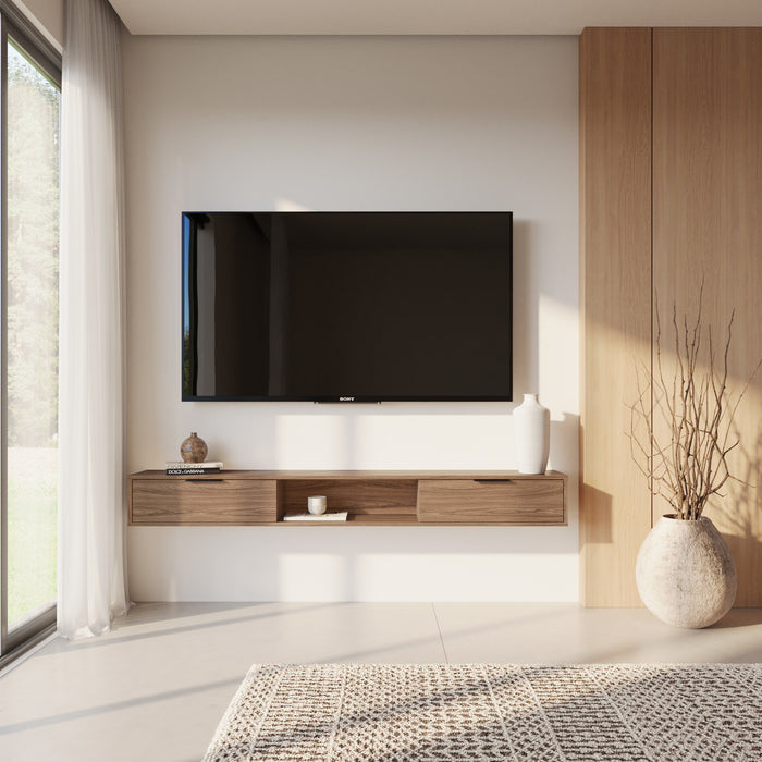 Meuble pour téléviseur mural mince Nordika de 72 po avec 2 armoires de rangement - noyer clair