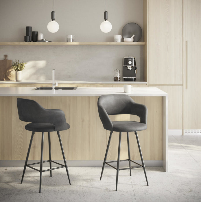 Tabouret contemporain Margarite de hauteur comptoir en similicuir gris - ensemble de 2