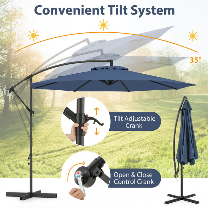 Costway Parasol suspendu 10' pour patio, ombre solaire decalee avec base Croix exterieur Marche Bleu
