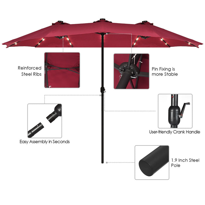 Costway Parasol de marche double-face solaire LED 15Ft Patio avec manivelle Bourgogne