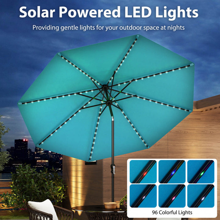 Parasol solaire Costway 10 FT avec 96 LED, inclinaison reglable a 35°, haut ventile, turquoise