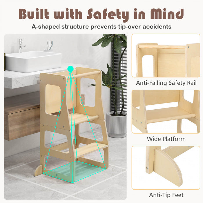 Costway 3-en-1 Cuisine Pliable Tour Debout Pour Tout-petits Avec Tableau A Crais Table De Sevrage Naturelle