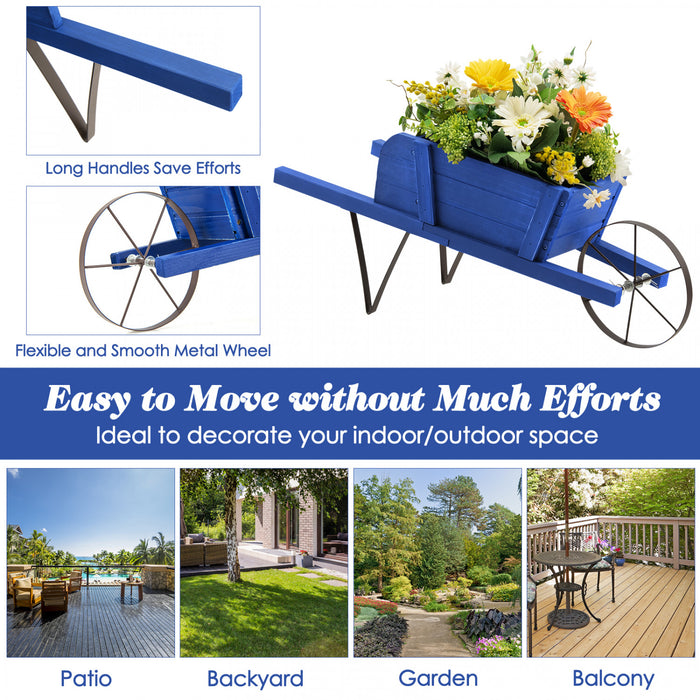 Costway En Bois Wagon Planter Decoratif Interieur/exterieur Rustique Fleur Chariot Avec Roue Bleu